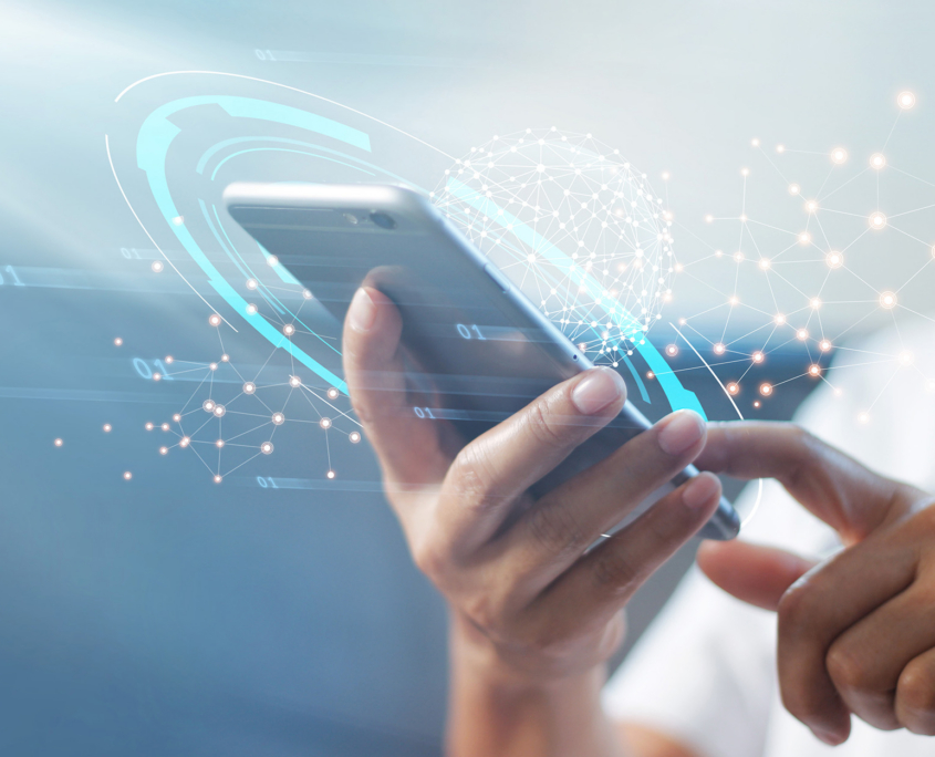 Man Using Mobile Smart Phone With Global Network Connection