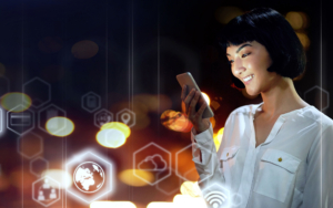 Woman, Phone And Digital Transformation In The Night City For Networking